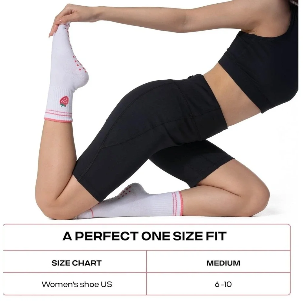Coolmate Strawberry Embroidered Yoga Pilates Grip Socks White Pink OS 6-10